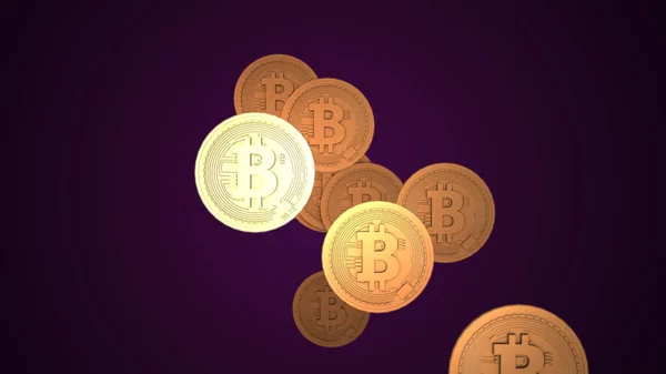 Golden Bitcoin geïsoleerd op paarse achtergrond 3d rendering. — Stockfoto