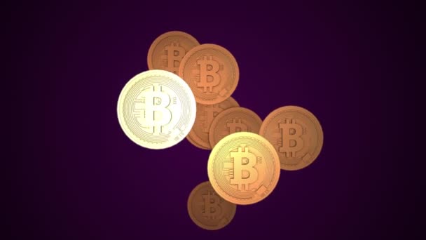 Bitcoin dorati isolati su sfondo virtuale viola in video 4k. — Video Stock