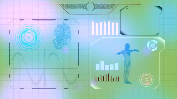 Medicinsk teknisk bakgrund med skelett och diagram. — Stockvideo