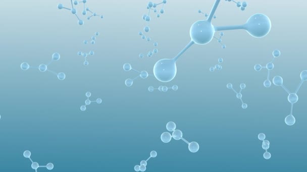 Fondo azul con átomos y partículas de moléculas en vídeo 4k. — Vídeo de stock