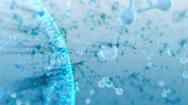 Pleksus parçacıkları ile açık mavi arkaplanın 3d çizimi.