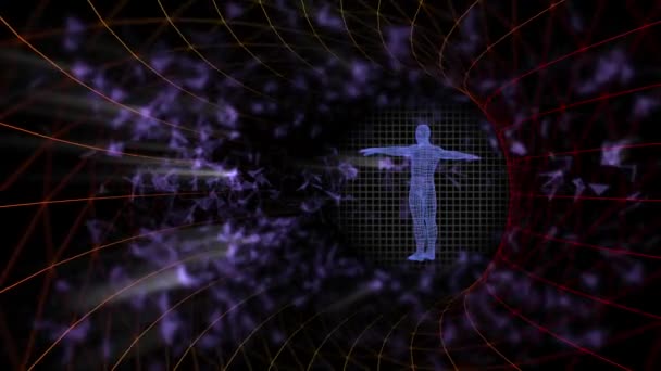 4k video van tunnel met draaiend menselijk lichaam hologram. — Stockvideo