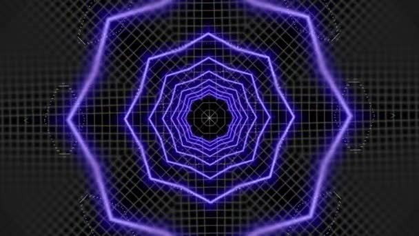 Vídeo 4k de formas iluminadas de néon geométrico formando um túnel. — Vídeo de Stock