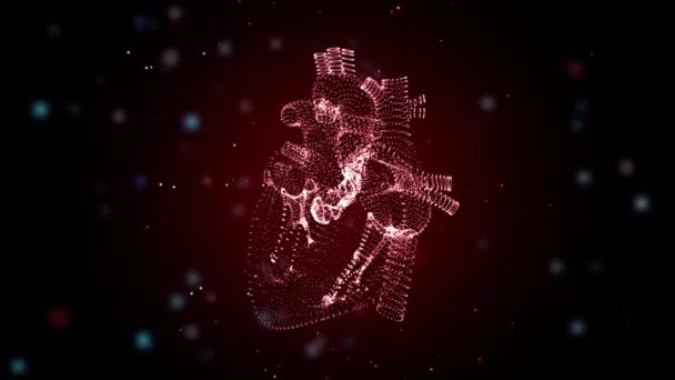 Vidéo 4k de coeur rouge abstrait et de particules lumineuses volantes. — Video