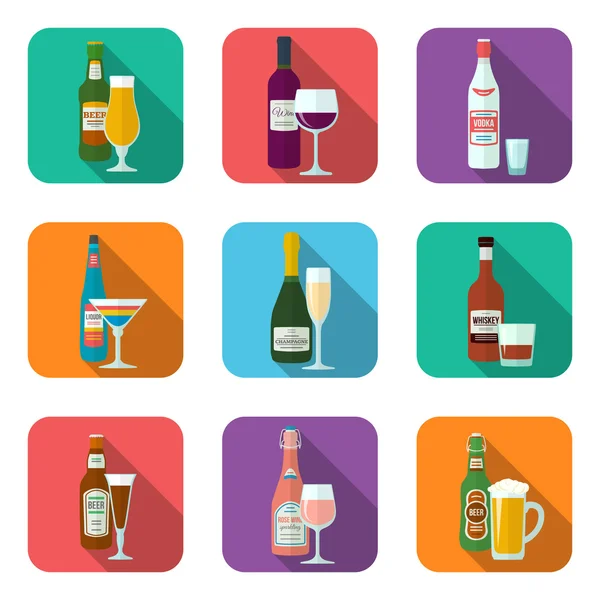 Conjunto de botellas de alcohol e iconos de vasos — Vector de stock