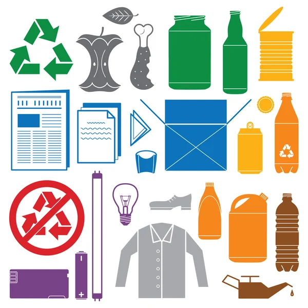 Recyclage et diverses icônes de couleur de déchets — Image vectorielle