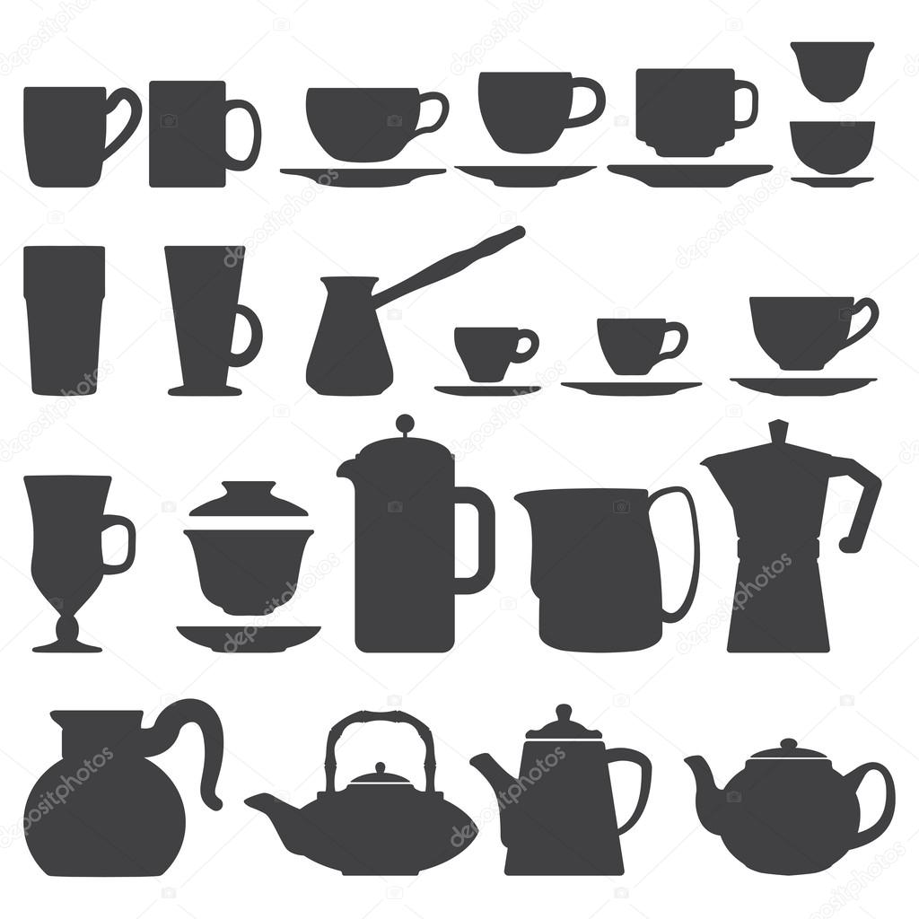 Vector coffee tea Cups And Pots silhouette set