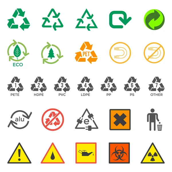Διάφορα ανακύκλωσης και επικίνδυνα σημάδι που — Διανυσματικό Αρχείο