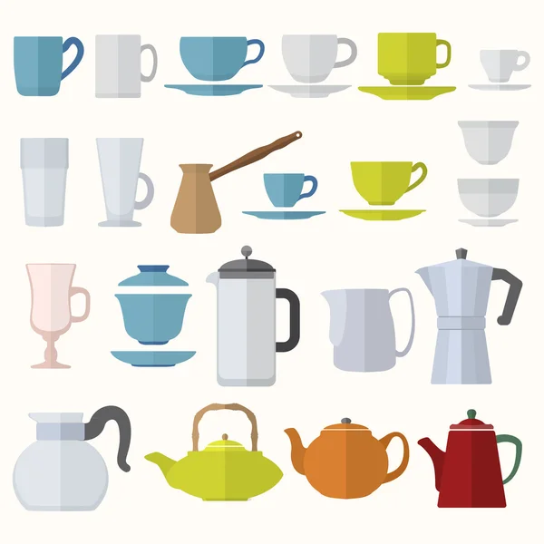 Flat style dinnerware cups mugs and pots set — Stock Vector