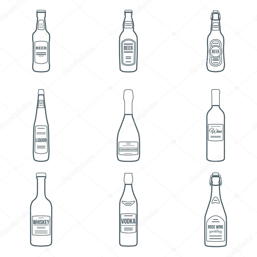 Dark outline alcohol bottles icons set