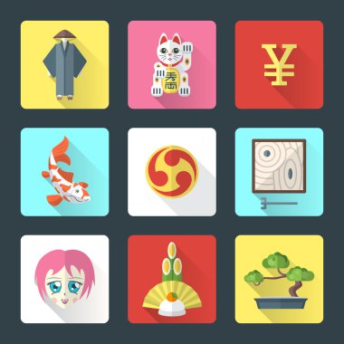 Japonya Tema düz stil Icons set