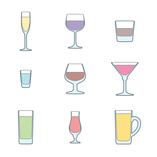 Couleur contour alcool verres icône ensemble — Image vectorielle