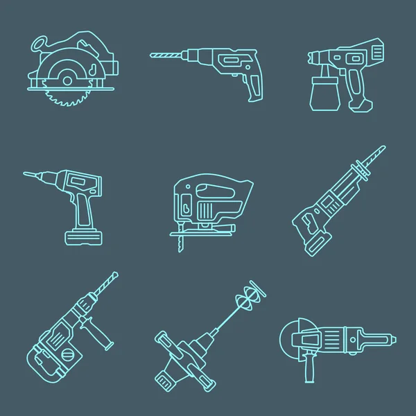 Light outline house remodel power tools icons on dark — Stock Vector