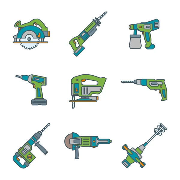 Couleur contour maison remodeler les outils électriques icônes — Image vectorielle