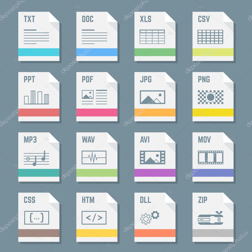 File formats icons set with illustrations