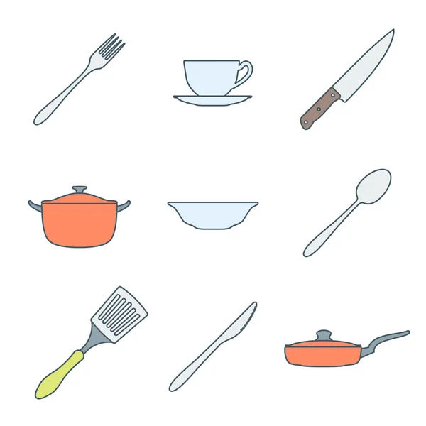 Color outline dinnerware icons set — Stock Vector