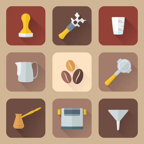 Vlakke stijl koffie barista instrumenten icons set — Stockvector