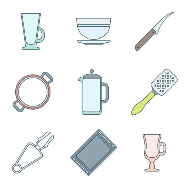 Diverses icônes de contour de couleur ensemble de vaisselle — Image vectorielle