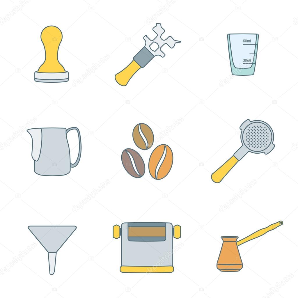 Color outline coffee barista instruments icons set