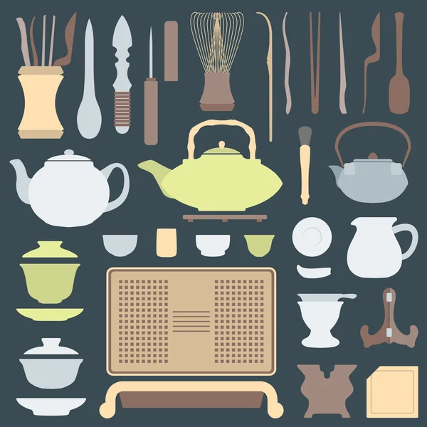 Solid colors tea ceremony equipment set — Stock Vector