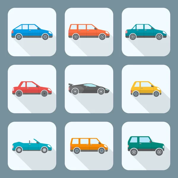 Style plat coloré différents types de carrosserie de voitures icônes collection — Image vectorielle