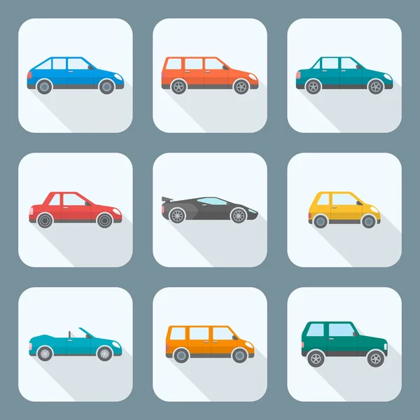 Gekleurde vlakke stijl diverse lichaamstypes van auto's pictogrammen collectie — Stockvector