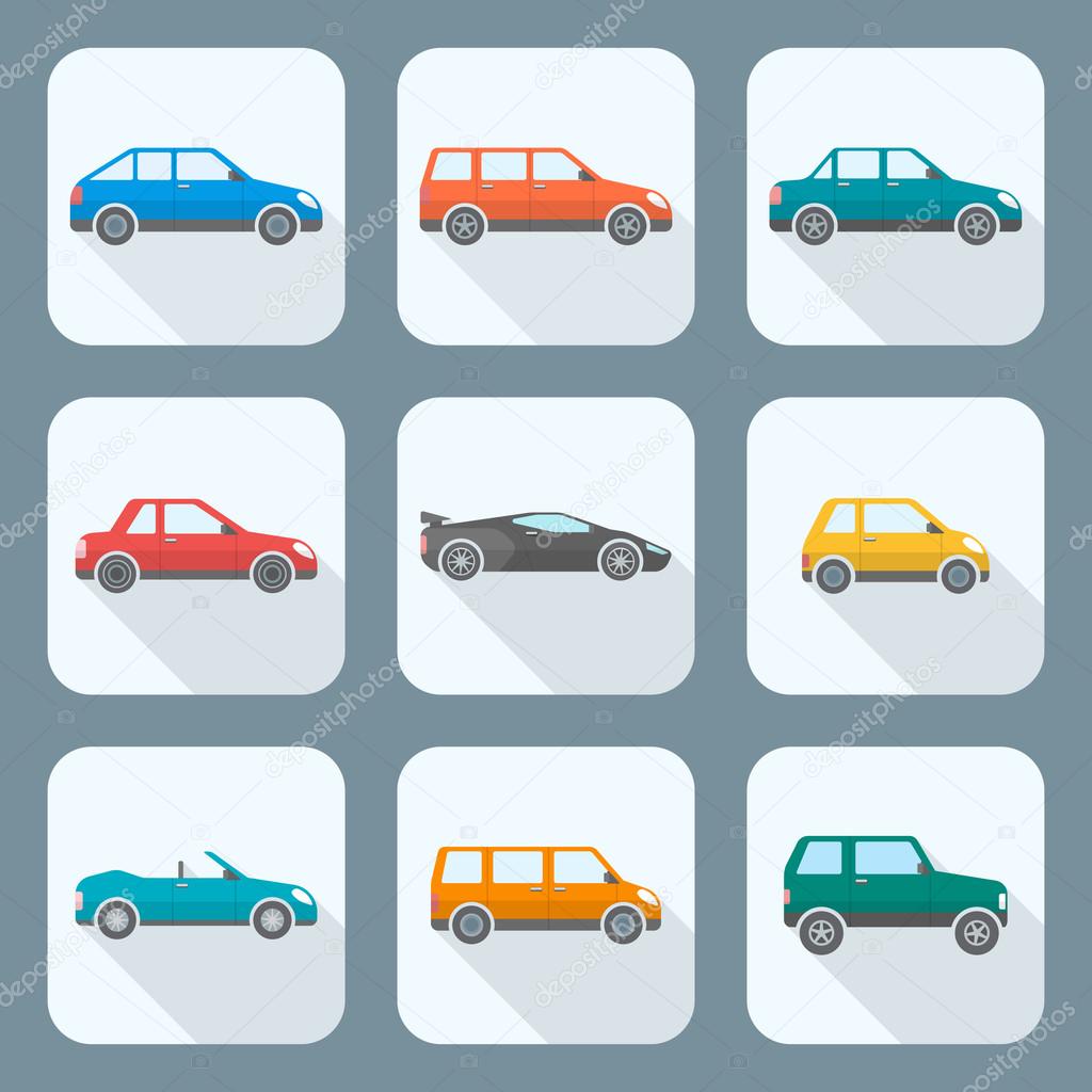 Colored flat style various body types of cars icons collection