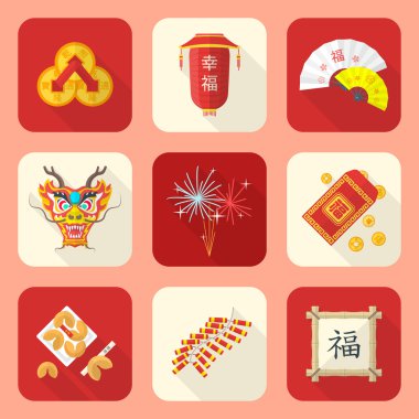 Color flat style chinese new year icons set vector Color flat style chinese new year icons set vector
