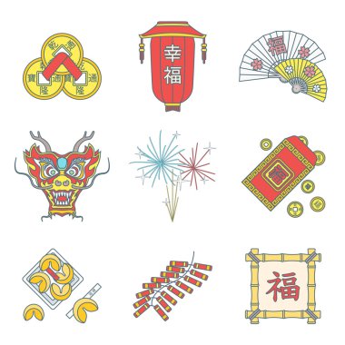 Color flat style chinese new year icons set vector Color flat style chinese new year icons set vector