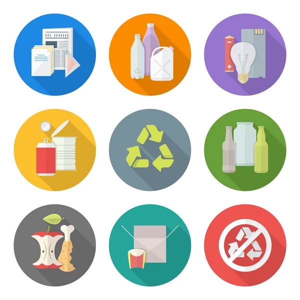 Flache Ausführung verschiedene Abfälle recyceln separate Sammlung — Stockvektor