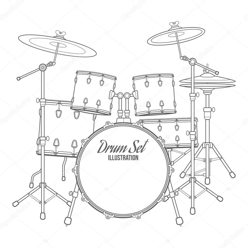 Dark contour vector drum set technical illustration