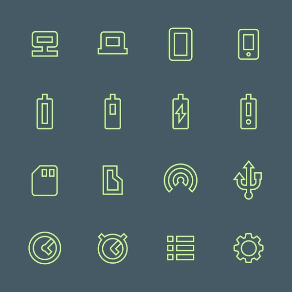 Yeşil anahat çeşitli aygıt Icons set — Stok Vektör