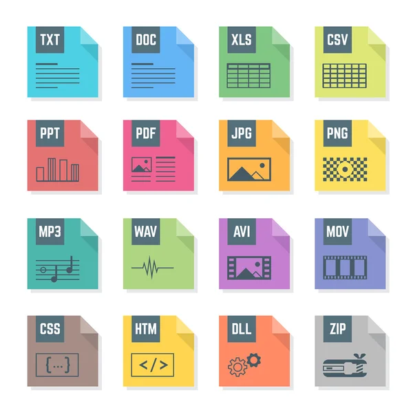 Various color file flat style formats icons set with illustrations — Stock Vector