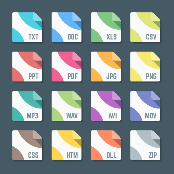 Conjunto de iconos de varios formatos de archivo de estilo plano de color — Vector de stock
