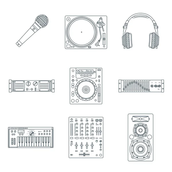 Varios dispositivos de sonido de contorno oscuro conjunto de iconos — Vector de stock