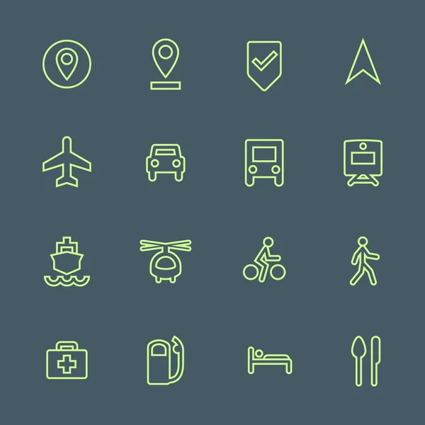 Light green outline various map navigation icons set — Stock Vector