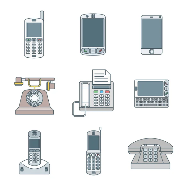 Χρωματιστό περίγραμμα διάφορες συσκευές τηλεφώνου εικονίδια se — Διανυσματικό Αρχείο
