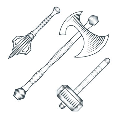 Medieval axe warhammer mace engraving style illustration clipart