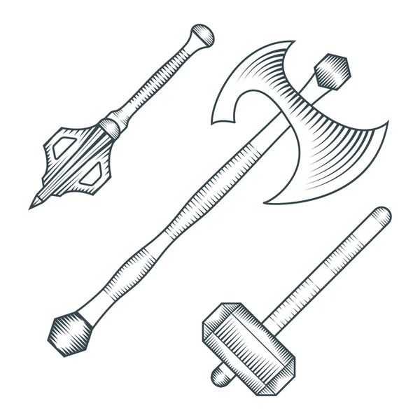 Medieval machado warhammer maça gravura estilo ilustração —  Vetores de Stock