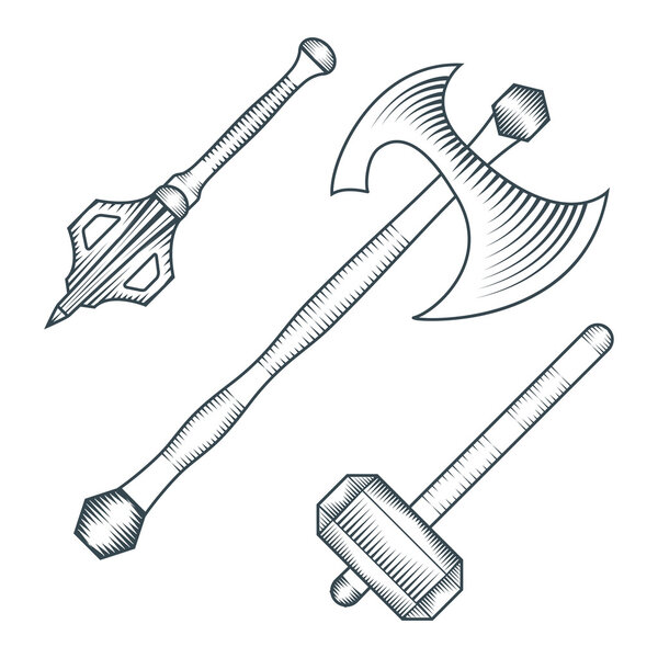Medieval axe warhammer mace engraving style illustration