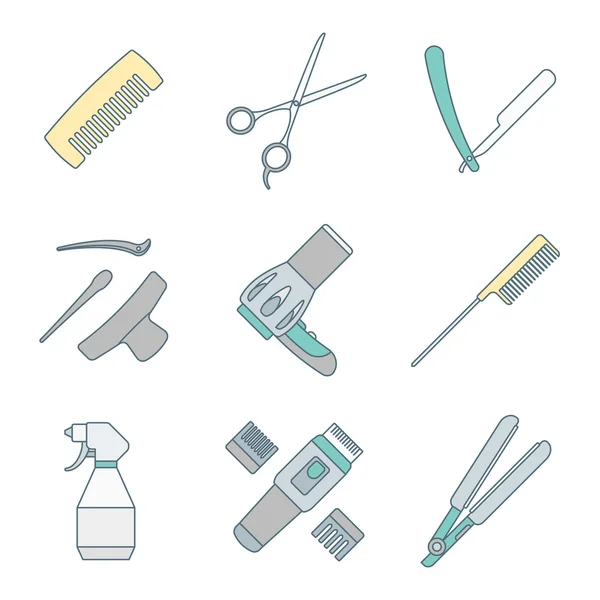 Hairdresser tools color outline icons set — Stock Vector