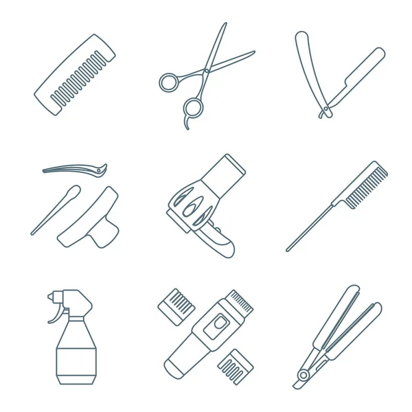 Herramientas de peluquería color oscuro contorno iconos conjunto — Vector de stock