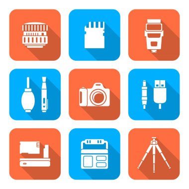 simgeler beyaz renkli düz stil kare dijital fotoğraf araçları 