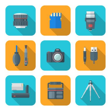düz stil kare dijital fotoğrafçılık araçları simgeler renk 