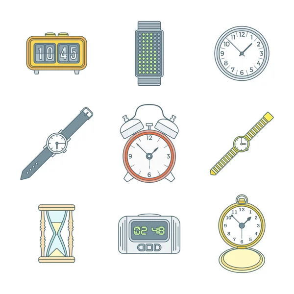 Contorno colorato vari orologi orologi icone impostate — Vettoriale Stock