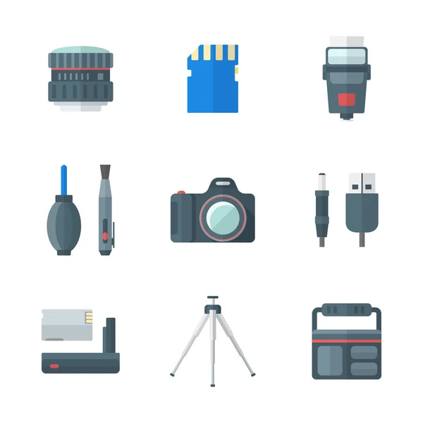 Iconos de herramientas de fotografía digital aisladas estilo plano de color — Vector de stock