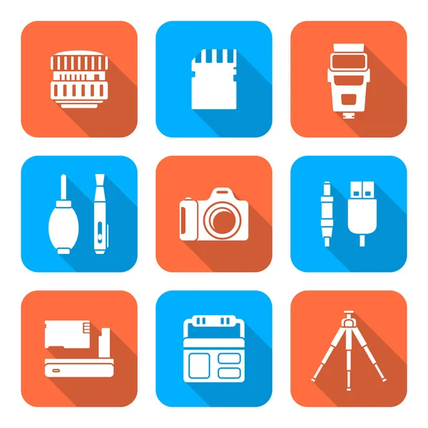 Icone degli strumenti di fotografia digitale quadrata di colore bianco stile piatto — Vettoriale Stock