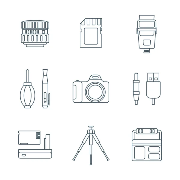 Oscuro contorno de varios iconos de herramientas de fotografía digital — Vector de stock