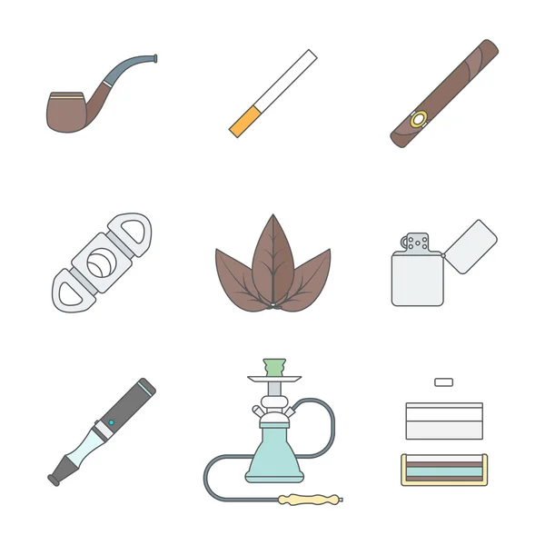 Színezett körvonal különböző dohány áru eszközök ikonok beállítása — Stock Vector