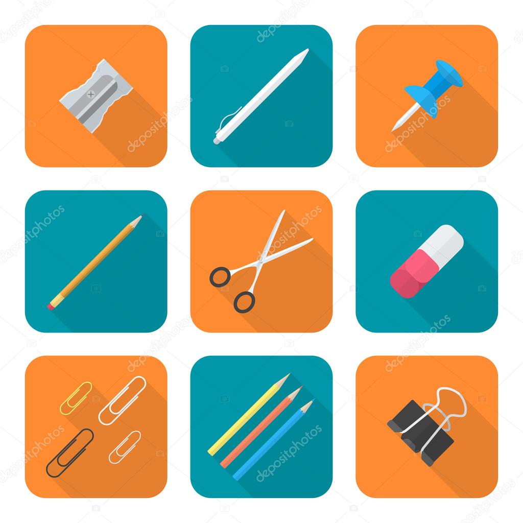 colored flat style various stationery icons set